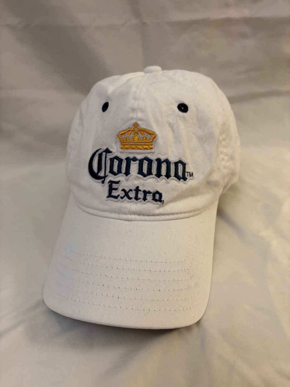 Corona White Baseball Hat with Gold Crown Embroidery
